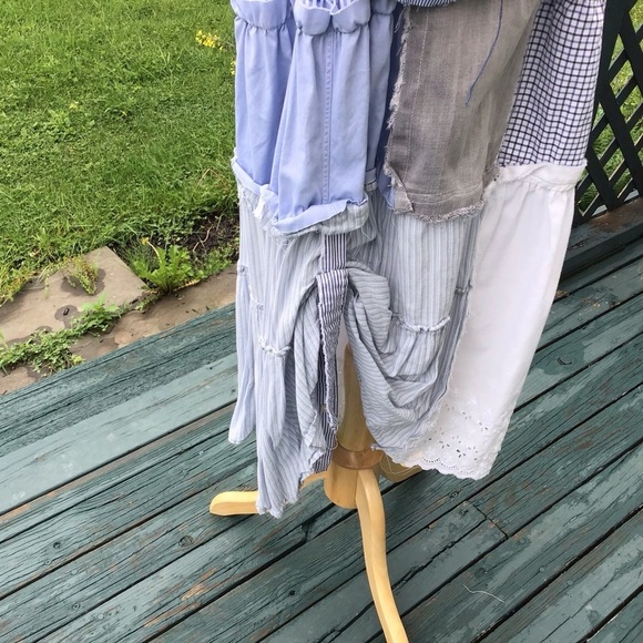 Boho up-cycled tiered patchwork jean mens shirts white eyelet maxi skirt M/L - Picture 3 of 9